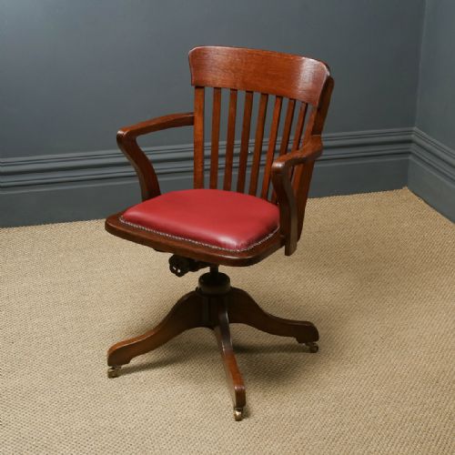 fig 1. Antique English Edwardian Oak & Red Leather Revolving Office Desk Arm Chair (Circa 1910)