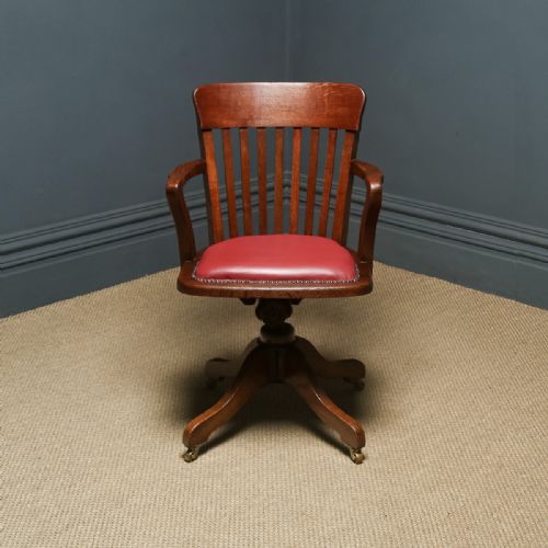 fig 2. Antique English Edwardian Oak & Red Leather Revolving Office Desk Arm Chair (Circa 1910)