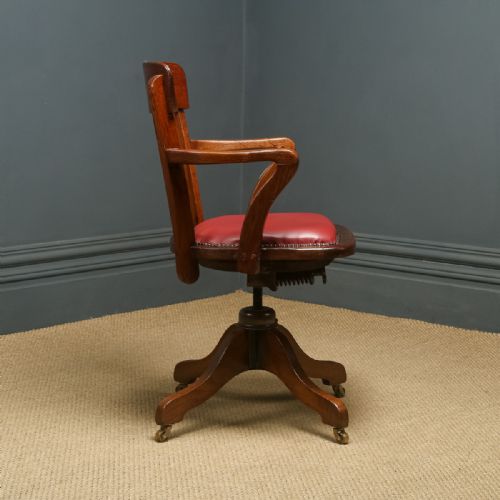 fig 4. Antique English Edwardian Oak & Red Leather Revolving Office Desk Arm Chair (Circa 1910)