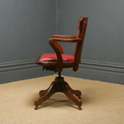 fig 5. Antique English Edwardian Oak & Red Leather Revolving Office Desk Arm Chair (Circa 1910)