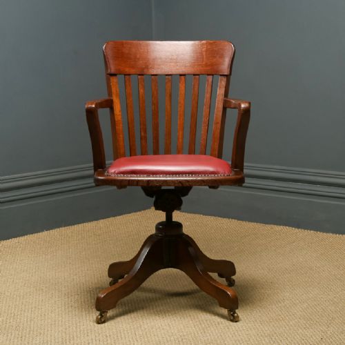 fig 6. Antique English Edwardian Oak & Red Leather Revolving Office Desk Arm Chair (Circa 1910)