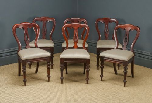fig 1. Antique English Victorian Set of Six 6 Mahogany Balloon Spear Back Dining Chairs (Circa 1880)