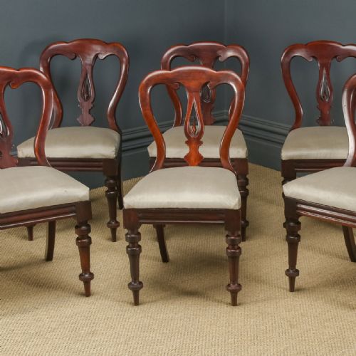 fig 3. Antique English Victorian Set of Six 6 Mahogany Balloon Spear Back Dining Chairs (Circa 1880)