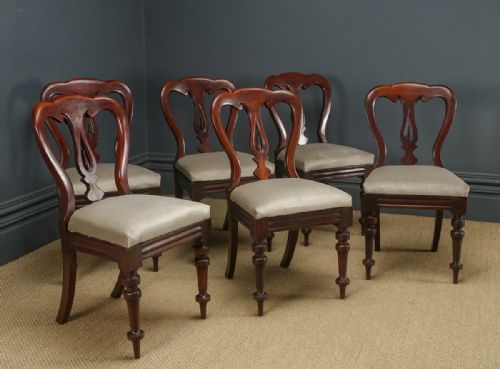 fig 4. Antique English Victorian Set of Six 6 Mahogany Balloon Spear Back Dining Chairs (Circa 1880)
