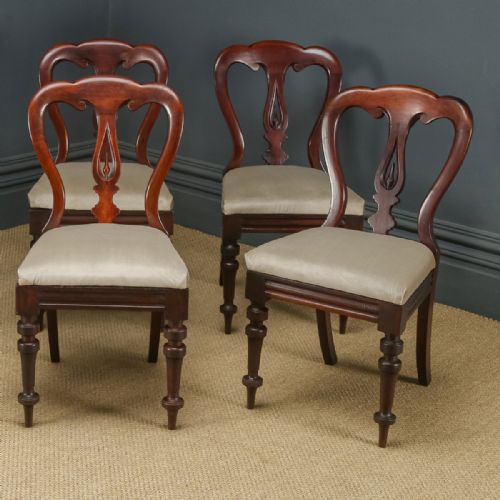 fig 6. Antique English Victorian Set of Six 6 Mahogany Balloon Spear Back Dining Chairs (Circa 1880)
