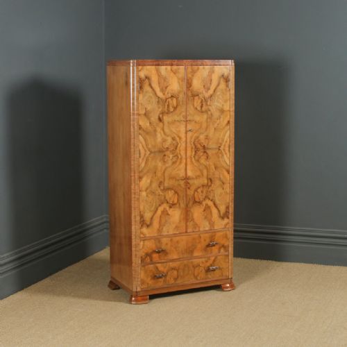 Small Antique English Art Deco Figured Walnut Two Door Compactum Wardrobe (Circa 1930)