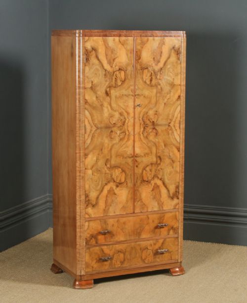 fig 1. Small Antique English Art Deco Figured Walnut Two Door Compactum Wardrobe (Circa 1930)