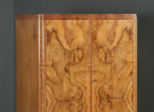 fig 2. Small Antique English Art Deco Figured Walnut Two Door Compactum Wardrobe (Circa 1930)