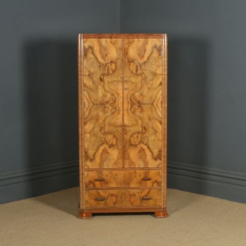 fig 5. Small Antique English Art Deco Figured Walnut Two Door Compactum Wardrobe (Circa 1930)