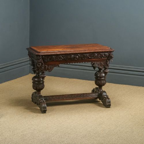 fig 1. Antique Flemish Victorian Gothic Green Man Carved Oak Dolphin Centre / Hall Table (Circa 1870)