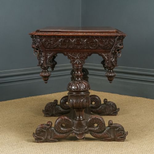 fig 3. Antique Flemish Victorian Gothic Green Man Carved Oak Dolphin Centre / Hall Table (Circa 1870)