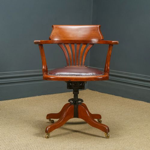fig 1. Antique English Edwardian Beech & Red Leather Revolving Office Desk Arm Chair (Circa 1910)