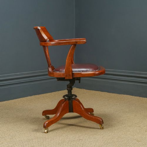 fig 2. Antique English Edwardian Beech & Red Leather Revolving Office Desk Arm Chair (Circa 1910)