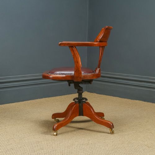 fig 3. Antique English Edwardian Beech & Red Leather Revolving Office Desk Arm Chair (Circa 1910)