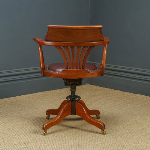 fig 4. Antique English Edwardian Beech & Red Leather Revolving Office Desk Arm Chair (Circa 1910)