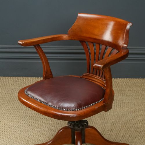 fig 5. Antique English Edwardian Beech & Red Leather Revolving Office Desk Arm Chair (Circa 1910)