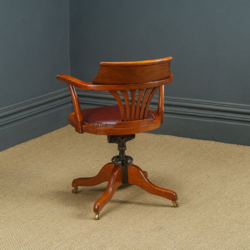 fig 6. Antique English Edwardian Beech & Red Leather Revolving Office Desk Arm Chair (Circa 1910)