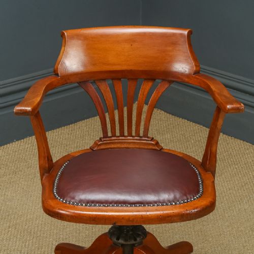 fig 7. Antique English Edwardian Beech & Red Leather Revolving Office Desk Arm Chair (Circa 1910)
