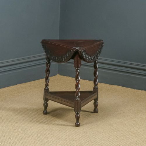 Antique English George V Oak Revolving Round Drop Leaf Tripod Side Lamp Table (Circa 1920)