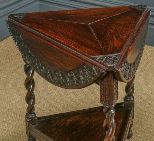 fig 3. Antique English George V Oak Revolving Round Drop Leaf Tripod Side Lamp Table (Circa 1920)