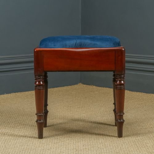fig 2. Here is a fine quality antique English Georgian mahogany stool, with a newly upholstered shaped seat, incorporating a storage area, circa 1820, in excellent condition.