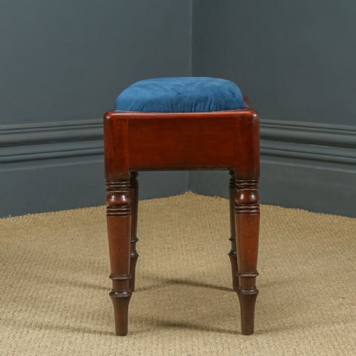 fig 3. Here is a fine quality antique English Georgian mahogany stool, with a newly upholstered shaped seat, incorporating a storage area, circa 1820, in excellent condition.