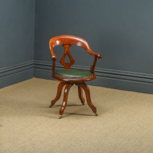 fig 1. Antique English Victorian Mahogany & Green Leather Revolving Office Desk Arm Chair (Circa 1870)