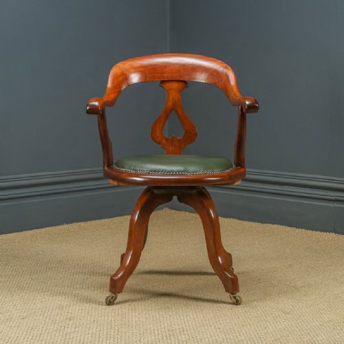 fig 2. Antique English Victorian Mahogany & Green Leather Revolving Office Desk Arm Chair (Circa 1870)
