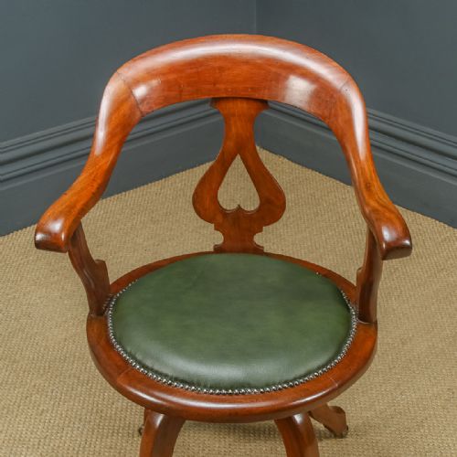 fig 3. Antique English Victorian Mahogany & Green Leather Revolving Office Desk Arm Chair (Circa 1870)