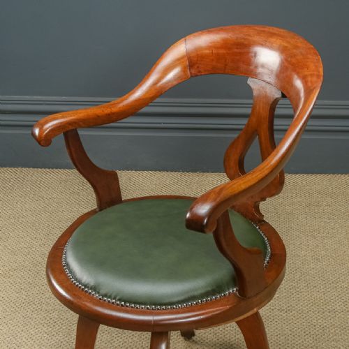 fig 4. Antique English Victorian Mahogany & Green Leather Revolving Office Desk Arm Chair (Circa 1870)