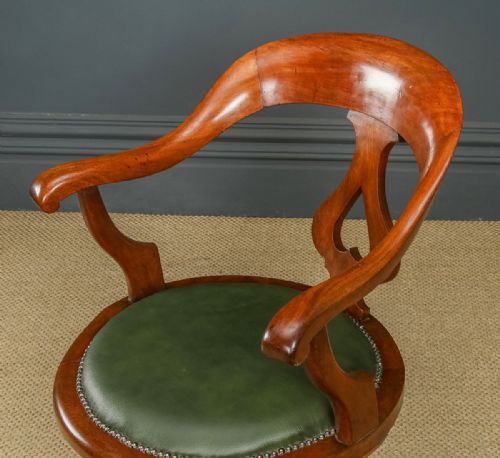 fig 5. Antique English Victorian Mahogany & Green Leather Revolving Office Desk Arm Chair (Circa 1870)