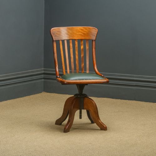 Antique English Edwardian Beech & Green Leather Revolving Office Desk Side Chair (Circa 1910)
