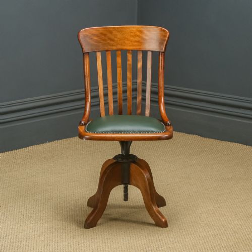 fig 1. Antique English Edwardian Beech & Green Leather Revolving Office Desk Side Chair (Circa 1910)
