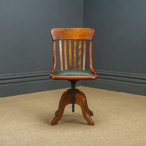 fig 2. Antique English Edwardian Beech & Green Leather Revolving Office Desk Side Chair (Circa 1910)