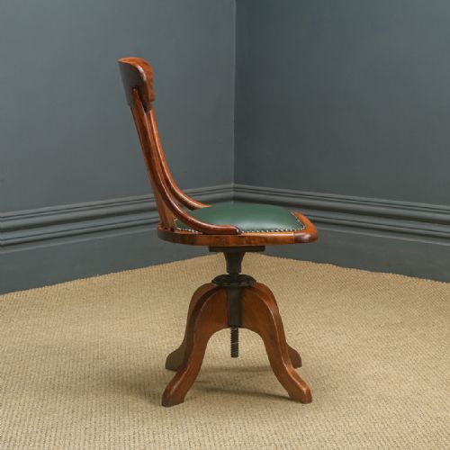 fig 3. Antique English Edwardian Beech & Green Leather Revolving Office Desk Side Chair (Circa 1910)