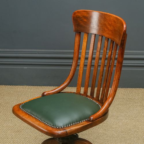 fig 4. Antique English Edwardian Beech & Green Leather Revolving Office Desk Side Chair (Circa 1910)
