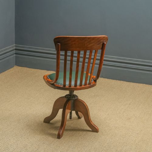 fig 5. Antique English Edwardian Beech & Green Leather Revolving Office Desk Side Chair (Circa 1910)