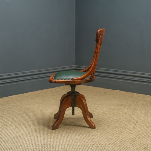 fig 6. Antique English Edwardian Beech & Green Leather Revolving Office Desk Side Chair (Circa 1910)
