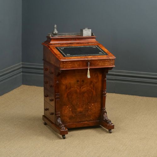 Antique English Victorian Burr Walnut Freestanding Davenport Writing Desk (Circa 1860)