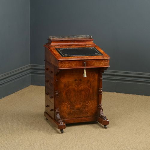 fig 1. Antique English Victorian Burr Walnut Freestanding Davenport Writing Desk (Circa 1860)
