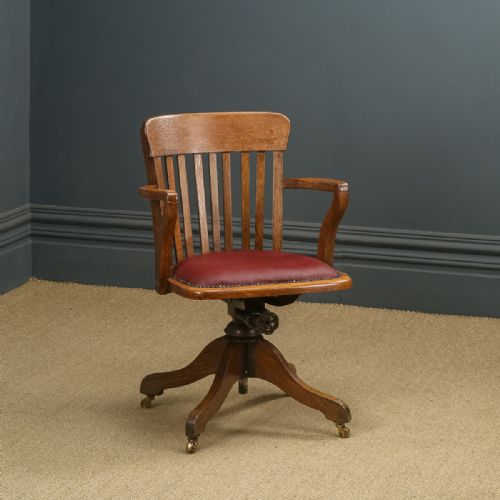 Antique English Edwardian Oak & Red Leather Revolving Office Desk Arm Chair (Circa 1910)