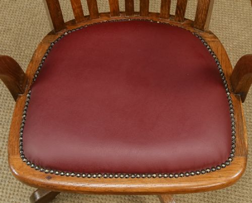 fig 4. Antique English Edwardian Oak & Red Leather Revolving Office Desk Arm Chair (Circa 1910)