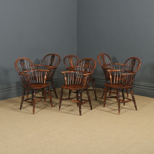 Antique English Set of Six 6 Victorian Ash & Elm Windsor Stick & Hoop Back Kitchen Dining Arm Chairs (Circa 1850)