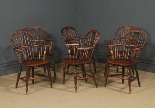 fig 1. Antique English Set of Six 6 Victorian Ash & Elm Windsor Stick & Hoop Back Kitchen Dining Arm Chairs (Circa 1850)
