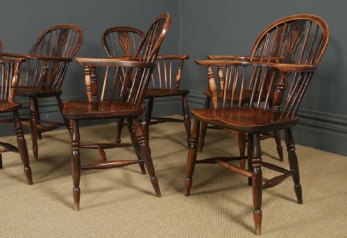 fig 2. Antique English Set of Six 6 Victorian Ash & Elm Windsor Stick & Hoop Back Kitchen Dining Arm Chairs (Circa 1850)