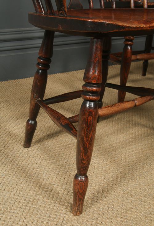 fig 3. Antique English Set of Six 6 Victorian Ash & Elm Windsor Stick & Hoop Back Kitchen Dining Arm Chairs (Circa 1850)