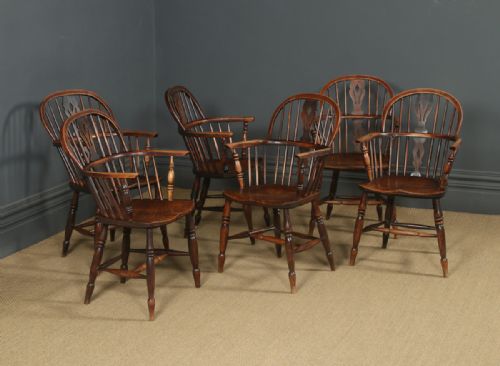 fig 4. Antique English Set of Six 6 Victorian Ash & Elm Windsor Stick & Hoop Back Kitchen Dining Arm Chairs (Circa 1850)