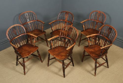 fig 5. Antique English Set of Six 6 Victorian Ash & Elm Windsor Stick & Hoop Back Kitchen Dining Arm Chairs (Circa 1850)