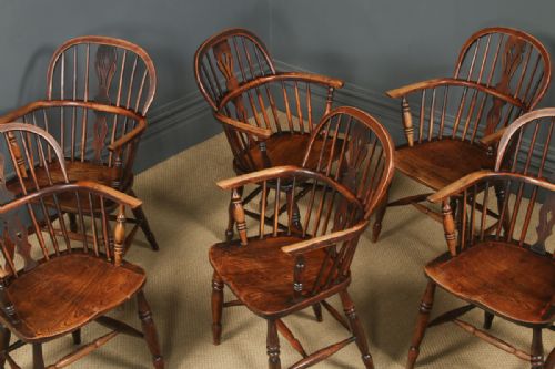 fig 6. Antique English Set of Six 6 Victorian Ash & Elm Windsor Stick & Hoop Back Kitchen Dining Arm Chairs (Circa 1850)