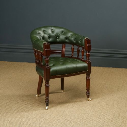 Antique English Victorian Mahogany & Green Leather Office Desk Arm Chair (Circa 1890)
